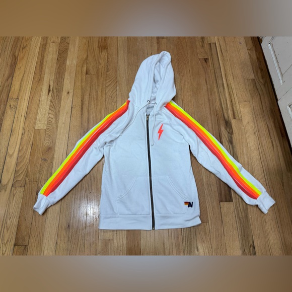 AVIATOR NATION WHITE ZIP UP NEON BOLT NEON STRIPES HOODIE - Picture 13 of 16